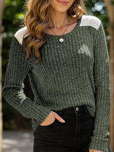 Contrast color crew neck loose brushed T-shirt